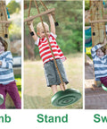 Kids using a Disc Swing For Kids With 7 Ft Adjustable Height, Monkey Bars, Hanging Tree Seat, Backyard Outdoor Play Set In Green