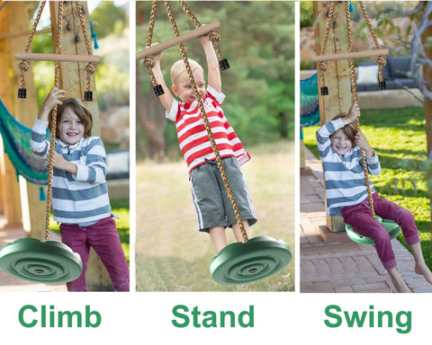 Kids using a Disc Swing For Kids With 7 Ft Adjustable Height, Monkey Bars, Hanging Tree Seat, Backyard Outdoor Play Set In Green