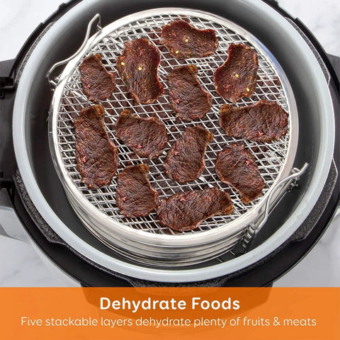 Stainless Steel Dehydrator Rack For Ninja Foodi 6.5 Qt, 8.5 Inch Fit with beef jerky on stackable layers in pressure cooker