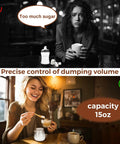 Two images comparing sugar dispensing, showing a Refillable Sugar Jar With Bamboo Lid And Spoon, 15 Oz Glass Canister For Coffee Bar Decor.