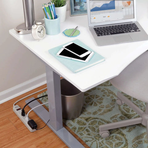 Desk setup with Must Have Surge Protector Power Strip With Six Outlets, Eight Foot Cord, 990 Joule Rating, Flat Plug, 120V Gray
