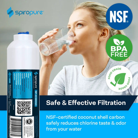 Nsf Certified Coconut Shell Carbon Inline Water Filter With 3/8 Inch Quick Connect Fittings in use, woman drinking fresh water.