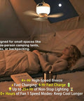 Portable Camping Fan With Light And Remote For Tents And Outdoors, hanging in a tent, lighting up the interior at night.
