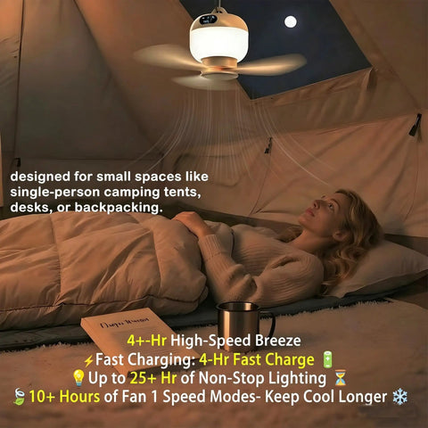 Portable Camping Fan With Light And Remote For Tents And Outdoors, hanging in a tent, lighting up the interior at night.