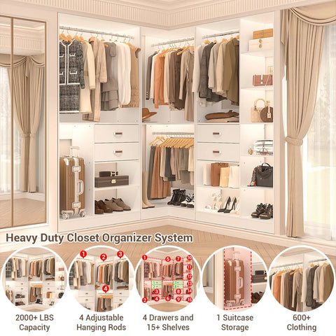 Built Tough Freestanding Walk In Closet 3 Piece Kit With Big Time Storage Shelves Solid Wood Drawers And Hanging Rods For No Sweat Organization In Any Bedroom Apartment Or Home Office Space with clothes and storage.