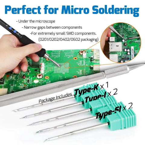 Micro Soldering Kit With 5 C210 Tips, Pro Grade Precision Soldering Station shown with circuit board and soldering tips