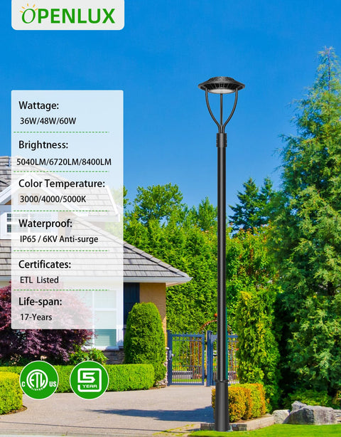 LED Post Top Outdoor Light With Adjustable 3CCT Modes 36W 48W 60W Waterproof IP65 Photocell Sensor ETL Listed in garden setting