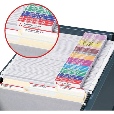 Viewables Color Labeling System One And A Quarter Inch By Three And A Half Inch Quick Fold Tabs In Assorted Colors shown in folders