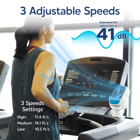 Cordless Personal Air Cooler With USB Charging 3 Speed Options Universal Clamp in gym setting next to treadmill.