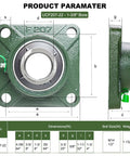 Diagram of 2 Pack Pillow Block Bearing UCF207-22 Square Flange Four Bolt Mounted Bearing Steel With Solid Cast Iron Base