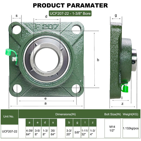 Diagram of 2 Pack Pillow Block Bearing UCF207-22 Square Flange Four Bolt Mounted Bearing Steel With Solid Cast Iron Base
