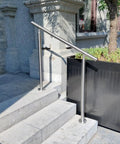 Hella Sturdy 3 Step Outdoor Handrail With Zero Sweat Diy Install Pack And Rugged 304 Stainless Steel Build For Porch Stairs On Concrete Brick Or Wood Planks Silver Finish Smooth Ride mounted on stone steps.