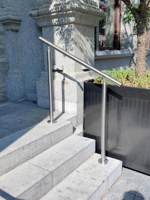Hella Sturdy 3 Step Outdoor Handrail With Zero Sweat Diy Install Pack And Rugged 304 Stainless Steel Build For Porch Stairs On Concrete Brick Or Wood Planks Silver Finish Smooth Ride mounted on stone steps.