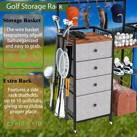 Heavy Duty Golf Bag Storage Rack For Garage Fits 3 Full Size Bags With 4 Drawers, Side Basket And Lockable Casters, with golf gear