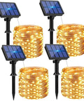Outdoor Solar String Lights 4 Pack, 132 Ft Total, 320 LEDs Warm White Copper Wire, Waterproof With 8 Modes displayed with solar panels