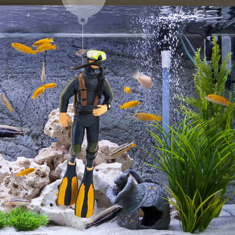 2 Pack Little Diver Floating Pendant Fish Tank Ornament for creative aquarium decor, diver figure surrounded by fish, safe resin