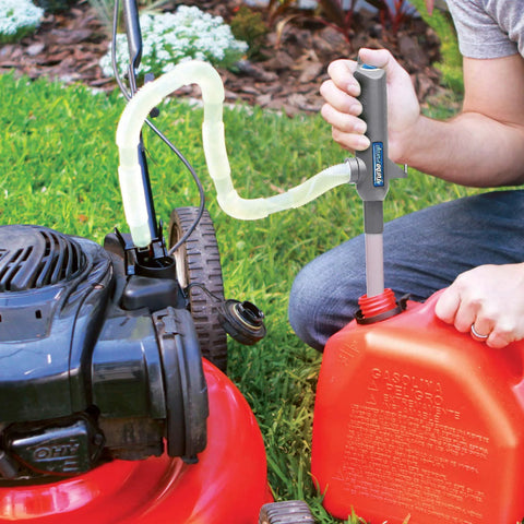 Ontel Turbo Pump automatic liquid transfer pump; gray pump with clear hose transferring gasoline from red can to lawn mower tank.