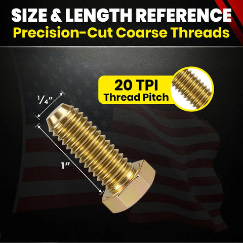 Heavy Duty 1/4-20 X 1 Inch Grade 8 Hex Head Bolt Quenched Tempered Alloy Steel Design For Dead Tight Security And Rugged Workbench Projects Or Street Rod Restos with precision-cut coarse threads and size reference.