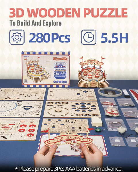 3D Wooden Puzzle Kit With LED Music Box For Adults And Teens Buildable Wooden Model Kit With Rotating Seats Lights And Music STEM Gift Idea For Christmas Hands On Challenge That Delights And Teaches Crafting Logic And Patience. 280 pieces wooden tea cups model