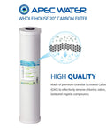 Whole House High Flow GAC Carbon Filter Cartridge 20 Inch By 4.5 Inch Replacement Water Filtration Reduces Chlorine Taste And Odor For Fresher Home Water White 100000 Gallons, shown upright with label.