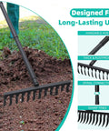 Heavy Duty Bow Rake With 60 Inch Adjustable Handle And 12 Tines For Soil Leveling, in garden soil with closeup of features.