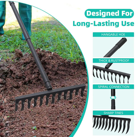 Heavy Duty Bow Rake With 60 Inch Adjustable Handle And 12 Tines For Soil Leveling, in garden soil with closeup of features.