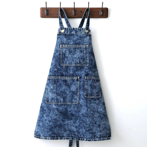 Denim Apron For Men With Towel Loop And Tool Pockets, Special Washed Style in Blue Black, 100 Percent Cotton, Hanging Front View