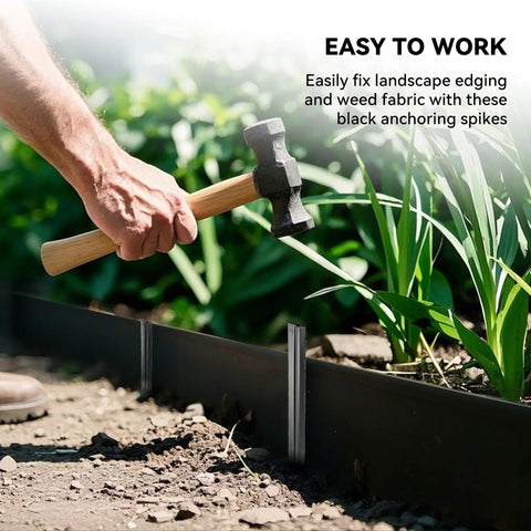 Person using hammer with Landscape Edging Stakes Set, 13 Piece, 8 Inch Corrugated Metal Garden Stakes, in garden