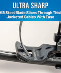 RocketRibbon Cable Shaving Tool RRS1222 cutting cable with SK5 steel blade, adjustable guide, and access window for thick jackets.