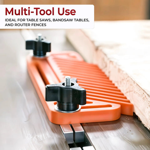 Rock Solid Table Saw Featherboard Replacement For 71553 Fence Keeps Timber Dead Nuts Secure Pack Of 2 Orange Polymer Workpiece Clamp Mounts With Height Adjustment Knobs And Hex Hardware on table saw rail.