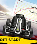 Rear view of Dual Motor 24V Electric Go Kart For Kids 6-12 with soft start chart, highlighting drift mode feature.