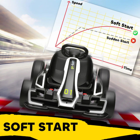 Rear view of Dual Motor 24V Electric Go Kart For Kids 6-12 with soft start chart, highlighting drift mode feature.