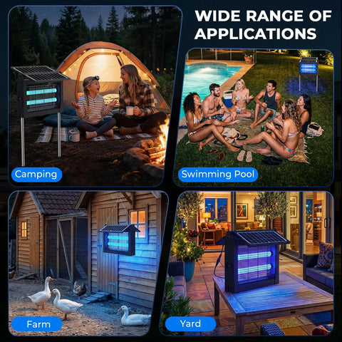 Image showing an Upgraded Solar Bug Zapper Outdoor With Dual Foldable Panels 4500V Cordless Rechargeable Waterproof Mosquito Killer in various settings including camping, swimming pool, farm, and yard.