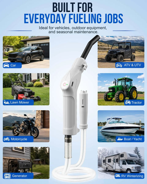 Cordless Rechargeable Fuel Transfer Pump With Easy One Hand Grip For filling cars, tractors, lawn mowers, and RVs.