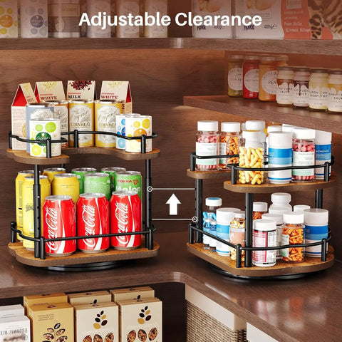 Two Tier In Cabinet Spice Rack Organizer With Rotating Lazy Susan storing drinks and snacks, adjustable clearance shown