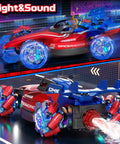 Two remote control cars: front-view red 1:12 monster truck with lights and music; side-view blue GMS stunt car