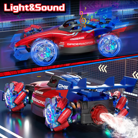 Two remote control cars: front-view red 1:12 monster truck with lights and music; side-view blue GMS stunt car