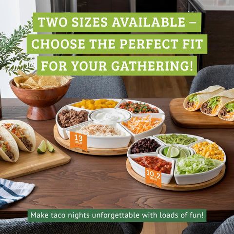 Slick Ceramic Taco Lazy Susan Featuring Six Deep Bowls And A Silky Swivel Base For Enhancing Your Weekly Taco Bar Hosting With Next Level Crew Hangout Vibes Perfect For Tailgate Nights And Backyard Gatherings on a wooden table.