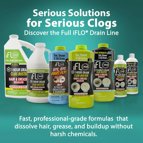 Assorted iFLO drain cleaners including 15 Minute Drain Cleaner Gel That Tackles Stubborn Clogs Fast Acting For Kitchen Sink, Bathroom, Shower And More, Ultra Thick Gel Formula, 32oz, Heavy Duty Maintenance Cleaner That Keeps Drains Flowing Smoothly