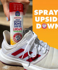 Sport Gear And Shoe Refresher Spray Heavy Duty Odor Defense For Gym Bags And Footwear Deodorizer For Boxing Gloves Hockey Pads Cleats Skates And Helmets With Fresh Guard Baking Soda Formula 6.7 Oz in white sneaker