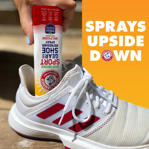 Sport Gear And Shoe Refresher Spray Heavy Duty Odor Defense For Gym Bags And Footwear Deodorizer For Boxing Gloves Hockey Pads Cleats Skates And Helmets With Fresh Guard Baking Soda Formula 6.7 Oz in white sneaker