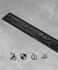 Black Slick 28 Inch Linear Shower Drain with Flat and Tile Insert, water flow, designed for modern shower installs.