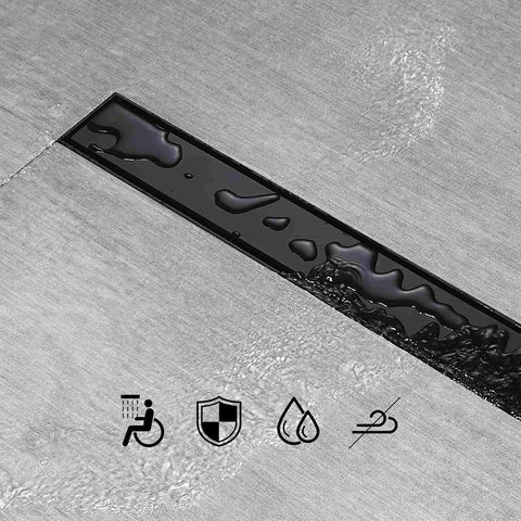 Black Slick 28 Inch Linear Shower Drain with Flat and Tile Insert, water flow, designed for modern shower installs.