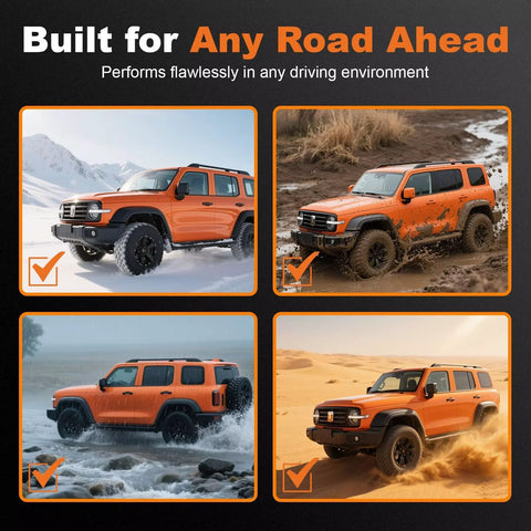 Four images of orange SUV on various terrains: snow, mud, rocky road, desert, showcasing off-road capabilities.