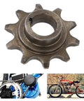 Front Sprocket For 415 Chain With Ten Teeth Iron Alloy Build For 2 Stroke Motorized Machines, shown with bike and engine detail