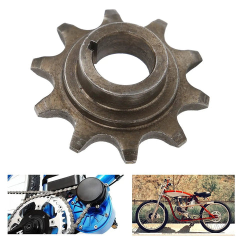 Front Sprocket For 415 Chain With Ten Teeth Iron Alloy Build For 2 Stroke Motorized Machines, shown with bike and engine detail