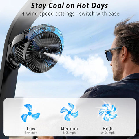 Magnetic Golf Cart Fan With Mist And Light 12000mAh Power Bank attached to cart, misting over shoulder in outdoor setting