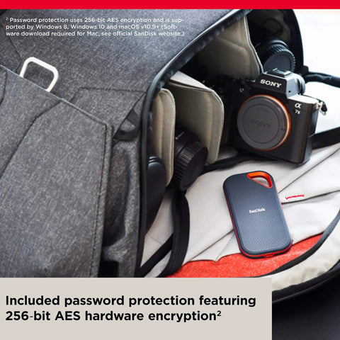 1TB Extreme Pro Portable SSD with camera gear in backpack, shows USB-C compatibility, rugged design, IP65 rating visible