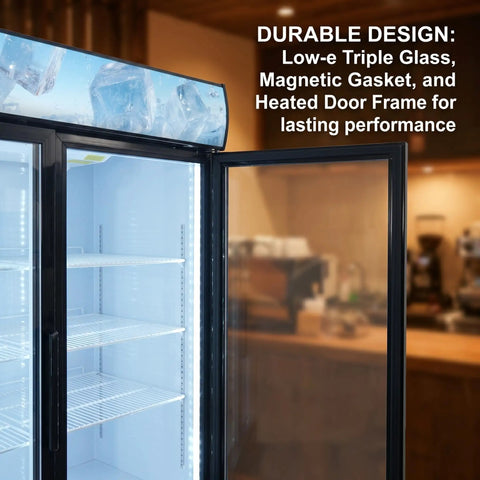 Heavy Duty Commercial Reach In Display Freezer With Two Swing Tempered Glass Doors Black 44 Point 7 Cubic Feet And Digital Controller - inside view with metal shelves