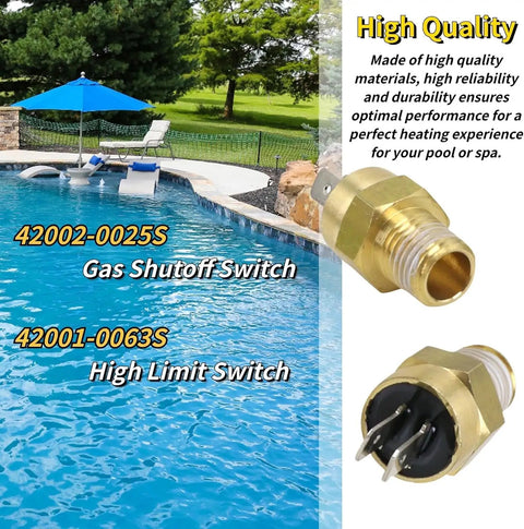 Pool Heater Repair Kit With Stack Flue Sensor Thermistor And Switch For MasterTemp And Max-E-Therm Pool Heaters Replace Parts 42002-0025S 42001-0063S showing gas shutoff and high limit switches by poolside